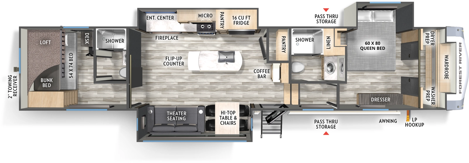 The Wildcat Fifth Wheels 34CRIB floorplan has one entry and three slide outs. Exterior features include: fiberglass exterior. Interiors features include: bunk beds, loft, kitchen island, front bedroom and two full bathrooms.